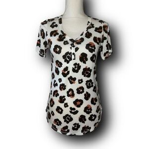 Leopard Print Short Sleeve Henley-Style Top